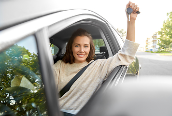 Image showing woman or female driver with car key in city