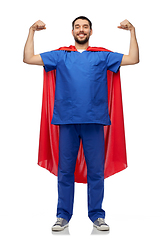 Image showing smiling doctor or male nurse in superhero cape