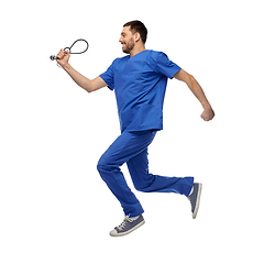 Image showing doctor or male nurse with stethoscope jumping