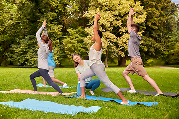 Image showing group of people doing yoga with instructor at park