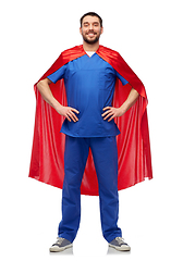 Image showing smiling doctor or male nurse in superhero cape