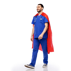 Image showing smiling doctor or male nurse in superhero cape