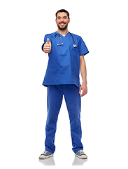 Image showing smiling doctor or male nurse showing thumbs up