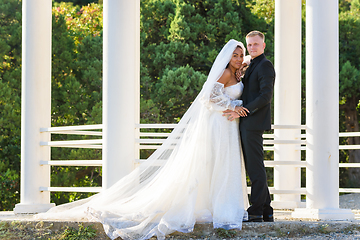 Image showing Portrait of a mixed race newlyweds in front of a gazebo with round columns