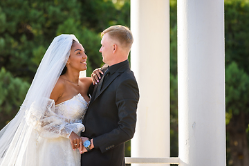 Image showing Half-length portrait of mixed-racial newlyweds on a walk against the background of columns and greenery