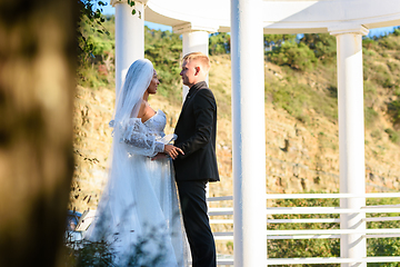 Image showing Young beautiful interracial newlyweds lovingly look at each other against the background of white columns