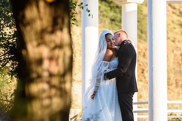 Image showing Young beautiful interracial newlyweds hugging against the background of white columns