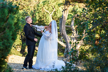 Image showing Black bride strangles her white husband's tie against the backdrop of a sunny forest