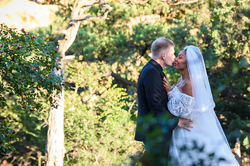 Image showing Interracial newlyweds kissing against the backdrop of a sunny forest