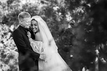 Image showing Portrait of interracial newlyweds hugging against the backdrop of a beautiful forest landscape, black and white photography