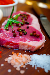 Image showing raw uncooked  ribeye beef steak butcher selection