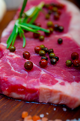 Image showing raw uncooked  ribeye beef steak butcher selection