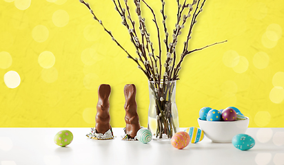 Image showing pussy willow, easter eggs and chocolate bunnies