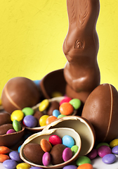 Image showing close up of chocolate bunny, eggs and candy drops