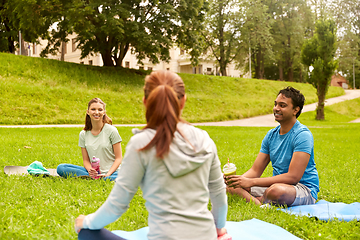 Image showing group of people sitting on yoga mats at park