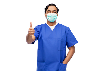 Image showing indian male doctor in mask showing thumbs up