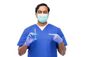 Image showing indian male doctor in mask with vaccine in syringe