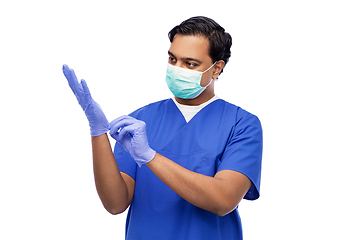 Image showing indian male doctor in uniform, mask and gloves