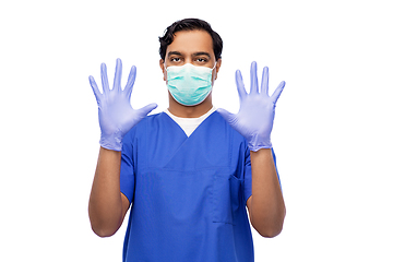 Image showing indian male doctor in uniform, mask and gloves