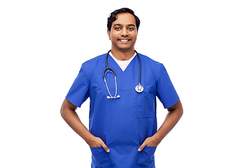 Image showing happy indian doctor or male nurse with stethoscope