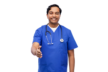 Image showing happy indian male doctor giving hand for handshake