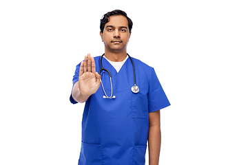 Image showing indian doctor or male nurse showing stop gesture