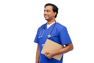 Image showing indian male doctor with clipboard and stethoscope