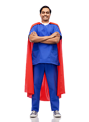 Image showing smiling doctor or male nurse in superhero cape