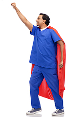 Image showing smiling doctor or male nurse in superhero cape