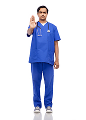 Image showing indian doctor or male nurse showing stop gesture