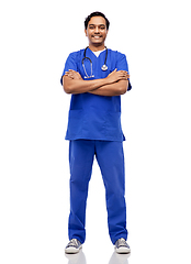 Image showing happy indian doctor or male nurse in blue uniform