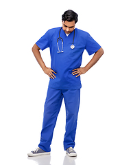 Image showing stressed doctor or male nurse in blue uniform