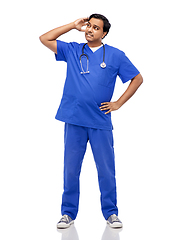 Image showing stressed doctor or male nurse in blue uniform