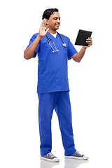 Image showing doctor or male nurse has video call on tablet pc