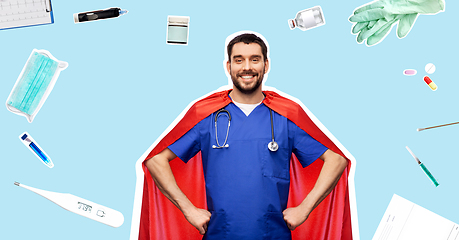 Image showing smiling doctor or male nurse in superhero cape