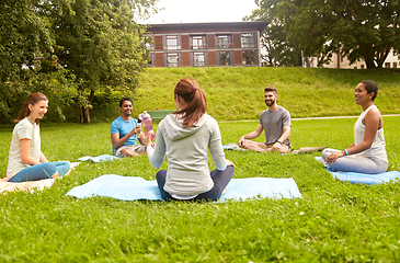 Image showing group of people sitting on yoga mats at park