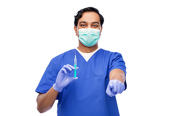 Image showing indian male doctor in mask with vaccine in syringe