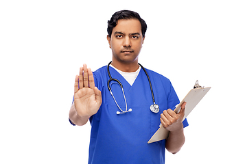 Image showing indian doctor or male nurse showing stop gesture