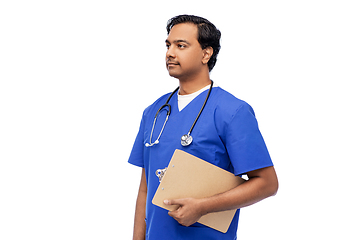 Image showing indian male doctor with clipboard and stethoscope