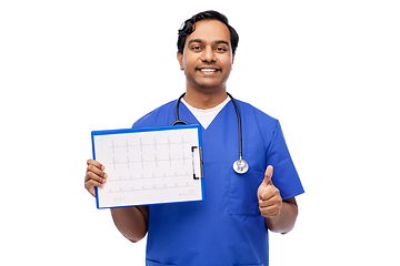 Image showing happy male doctor with cardiogram shows thumbs up