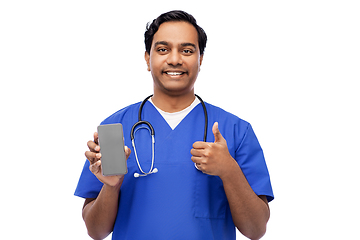 Image showing doctor or male nurse with phone showing thumbs up