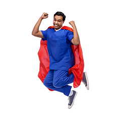 Image showing doctor or male nurse in superhero cape jumping