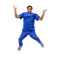 Image showing doctor or male nurse with stethoscope jumping