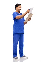 Image showing happy indian male doctor with clipboard