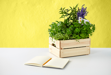 Image showing notebook with herbs and flowers in wooden box