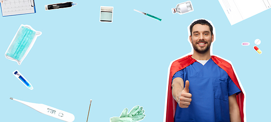 Image showing smiling doctor or male nurse in superhero cape