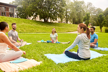 Image showing group of people sitting on yoga mats at park