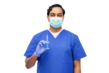 Image showing indian male doctor in mask with vaccine in syringe