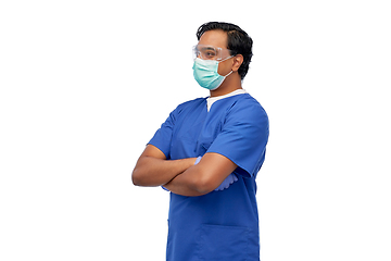 Image showing indian male doctor in blue uniform and mask