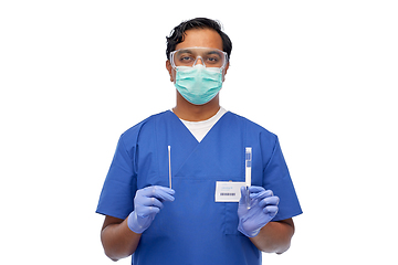 Image showing male doctor in mask with cotton swab and test tube